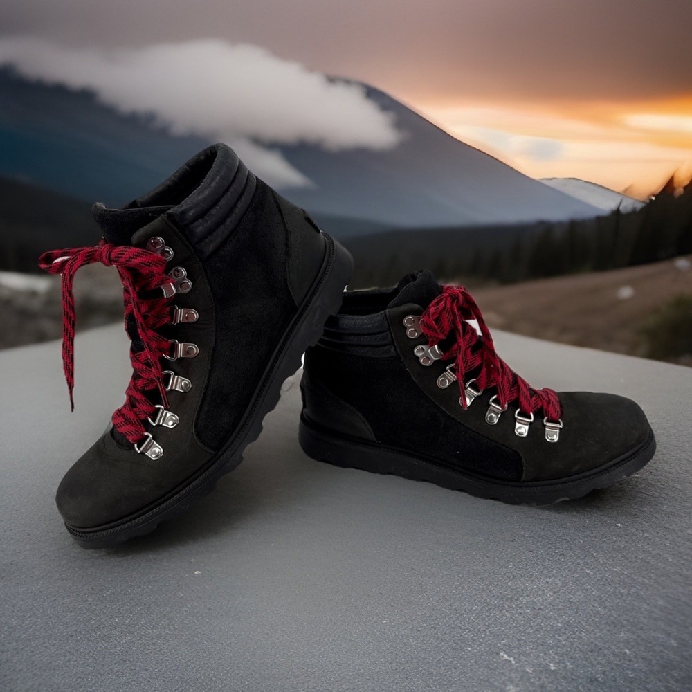 Sorel Ainsley Conquest Ankle Hiking Boots Leather‎ Black NL3091-010 Women's 8.5